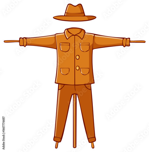 Cartoon scarecrow in orange clothes and hat spread out on poles for farm field protection