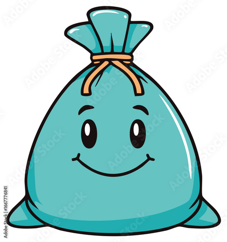 A friendly turquoise cartoon garbage bag character with a happy smiling face