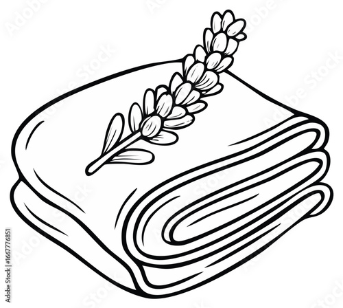 Lavender sprig lying on a stack of folded soft fluffy towels line drawing illustration