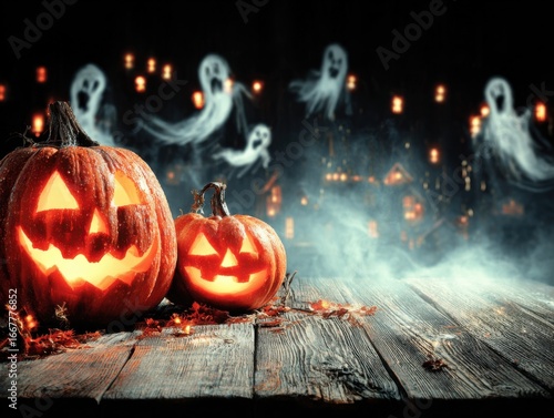 A Creepy Halloween Scene Featuring Glowing Jack-O'-Lanterns Surrounded by Eerie Ghosts and Atmospheric Fog for a Spooky Celebration