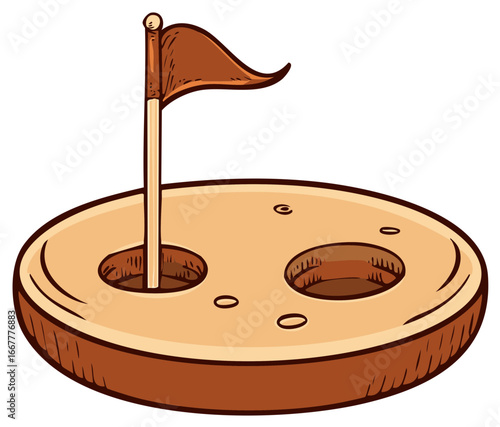 Stylized cartoon illustration of a mini golf putting green with a flag and multiple holes
