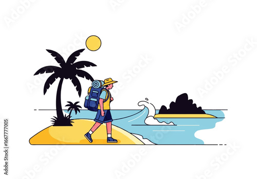 Backpacker exploring tropical island with palm trees and ocean, suitable for travel brochures or website banners.