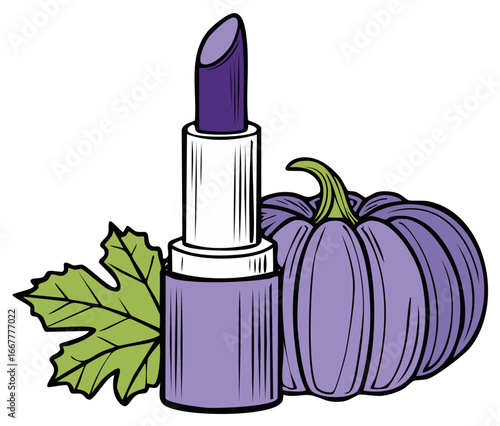 Purple Lipstick and Pumpkin with Green Leaf Autumn Beauty Concept