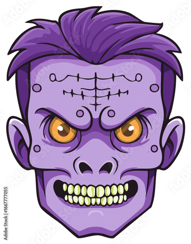 Cartoon purple monster head with angry expression and stitches vector illustration