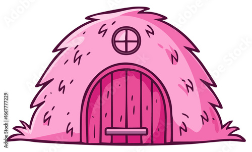 Cartoon Pink Haystack House Home with Round Window and Wooden Arched Door