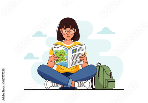 Woman with green backpack studies map, perfect for travel blogs, adventure websites, outdoor activities, vacation brochures, and navigation concepts.