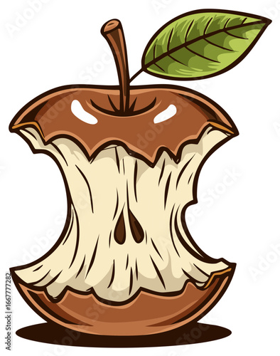 Eaten brown apple core illustration with stem and green leaf, isolated fruit remains vector graphic design.