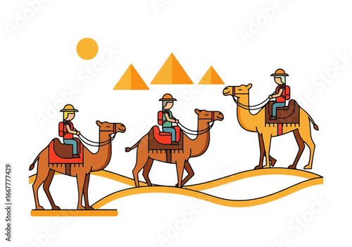 Three people on camels by pyramids in a desert suitable for travel brochures, adventure blogs, arabian tourism websites, and historical publications.