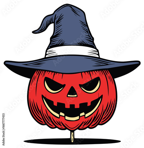 Spooky red pumpkin with evil grin wearing a blue witch hat festive Halloween cartoon illustration