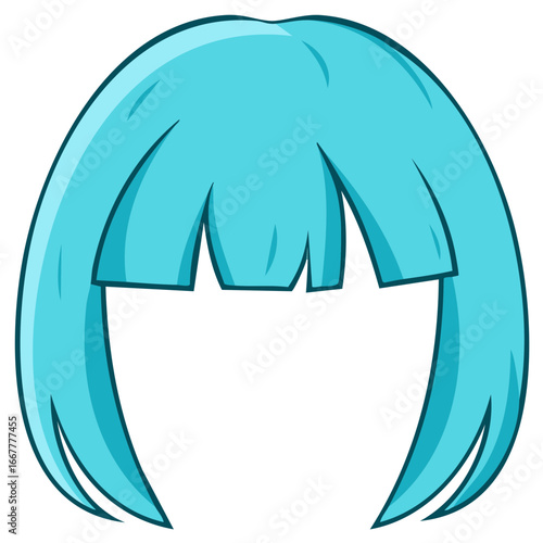 Cartoonish illustration of turquoise wig with fringe, vector illustration