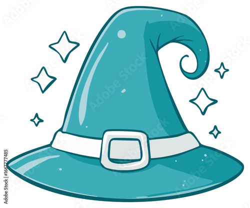 Cartoonish cyan witch hat with curl and sparkling stars decoration