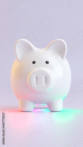 White ceramic piggy bank with colorful light reflections on smooth reflective surface symbolizing money savings and finance growth