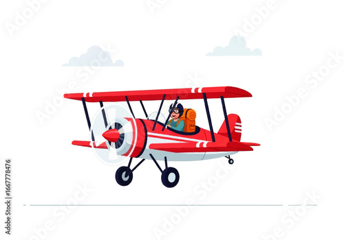 Red biplane with pilot flying in white fluffy clouds. Suitable for travel, aviation, adventure, and fantasythemed designs and projects.