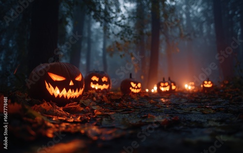 A Spooky Halloween Scene: Illuminated Jack-o'-lanterns Line a Foggy Forest Path Amidst Fallen Leaves and Enchanting Darkness