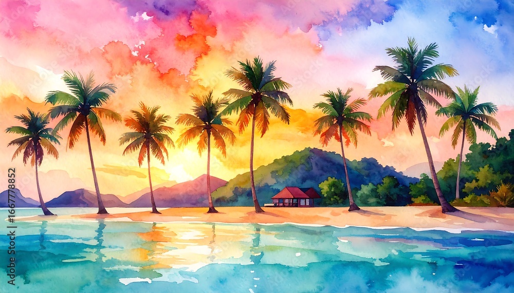 Obraz premium Vibrant Watercolor Tropical Beach Sunset with Palm Trees.