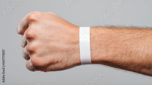 Close-up of a male hand with a white wristband, symbolizing events, access, or identification.