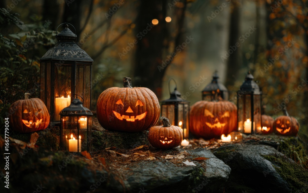 Fototapeta premium A Spooky Autumn Scene Highlighting Jack-o'-Lanterns and Lanterns Illuminating a Forest Path During Halloween