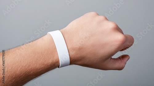 A close-up of a male hand with a white wristband against a neutral background, conveying simplicity and modernity.