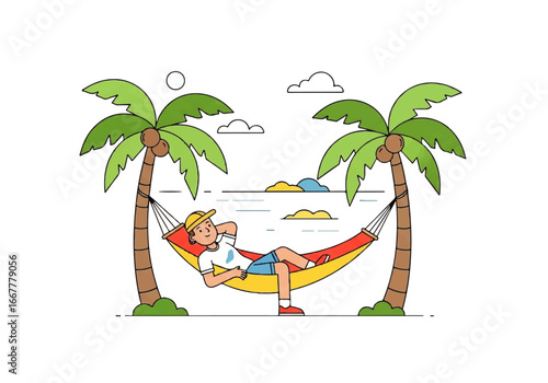 Ideal for travel, vacation, tropical getaway concepts. Peaceful image of a man enjoying relaxation in a hammock by the ocean.