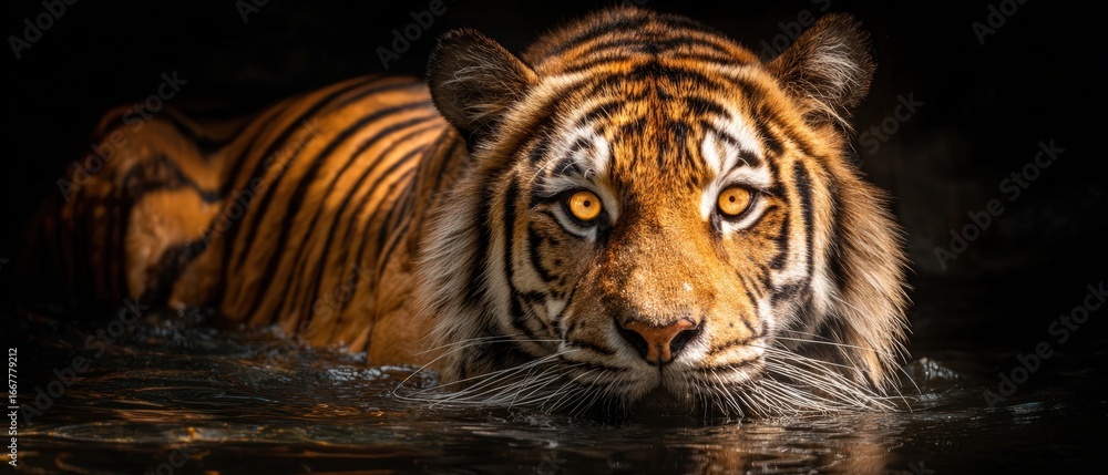 Obraz premium Large majestic tiger swimming in dark water with focused intense eyes and detailed fur