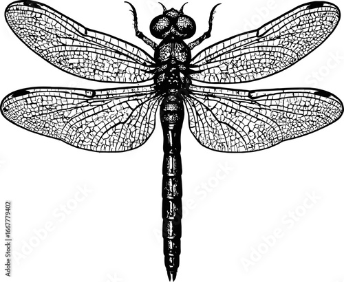 Black and white dragonfly illustration with detailed wing patterns. Close-up perspective of the insect with a clear, neutral background