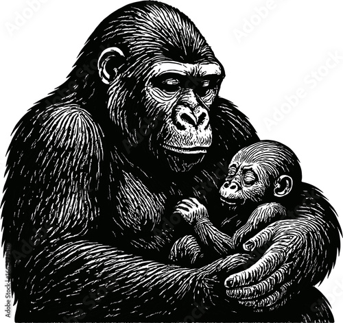 Black and white illustration of an adult animal cradling a baby animal showing a tender moment of animal care