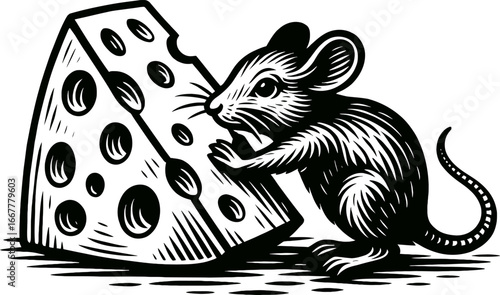 Black and white illustration of a mouse interacting with a cheese wedge. Depicts a classic cartoon style
