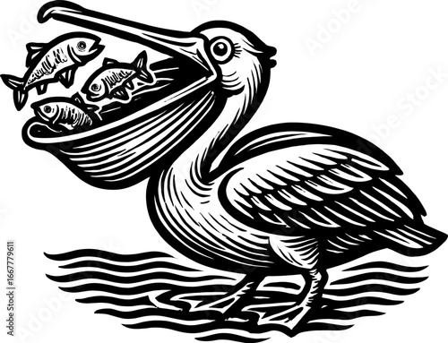 Black and white illustration of a pelican with fish in its beak and a water background