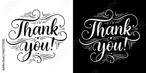 "Thank you!" monochrome isolated vector image, two design variants on transparent and black backgrounds, lettering for postcards, typography,