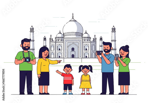 Tourists captivated by the taj mahal, snapping photos to preserve their memories. Suitable for travel brochures and postcards.