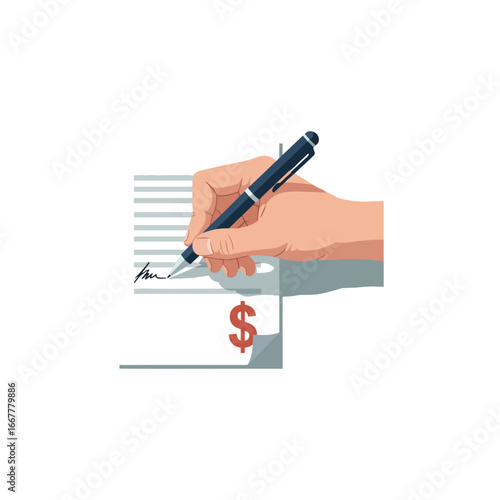 A hand holding a pen signs a document with a dollar sign, indicating financial transaction or agreement.