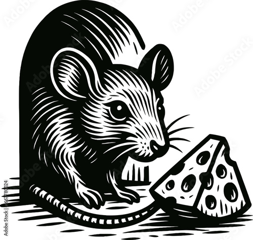 Black and white woodcut illustration of a mouse with cheese showing texture and detail. High contrast, creating a graphic image