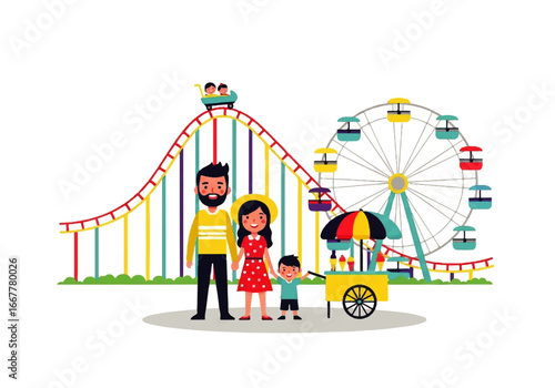 Family having fun at an amusement park with a roller coaster and ferris wheel. Suitable for travel or entertainment concepts.