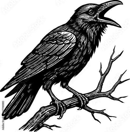 Black and white illustration of a crow perched on a tree branch with an open beak against white background