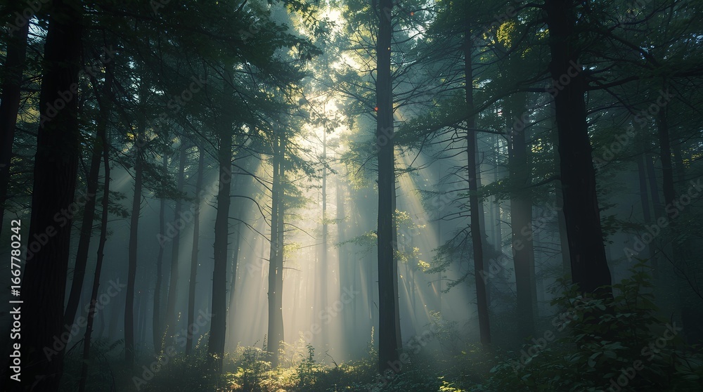 Fototapeta premium Serene woodland scene with mystical sunlight filtering through tall trees and morning fog creating dramatic light beams