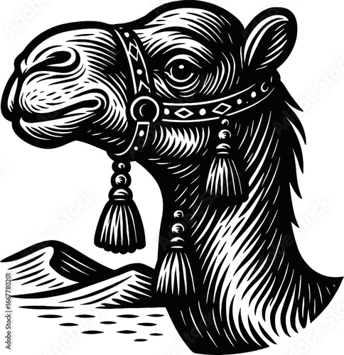 Black and white engraved illustration of an animal head with desert landscape background