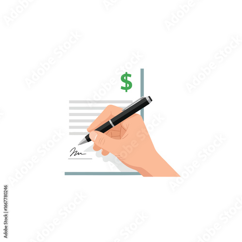A hand signing a financial document with a pen, signifying a transaction or agreement.