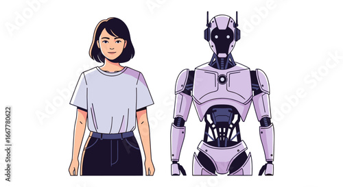 A modern woman stands beside an advanced humanoid robot, illustrating the evolving relationship between humanity and artificial intelligence in a technological future.