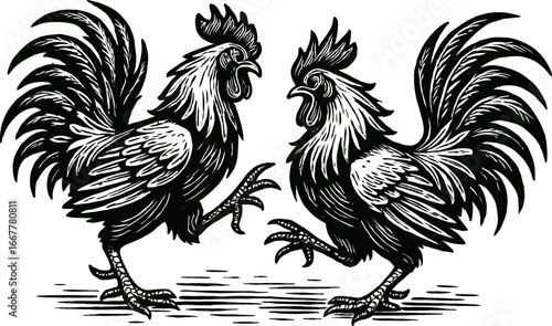 Two detailed black and white [animal] illustrations facing each other in a vintage style. The [animals] showcase fine feather details and sharp