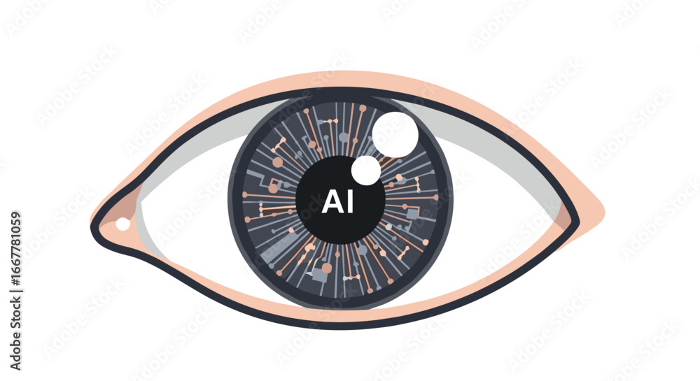 Fototapeta premium A futuristic human eye with an intricate circuit board iris and 'AI' in the pupil symbolizes advanced artificial intelligence and digital vision.