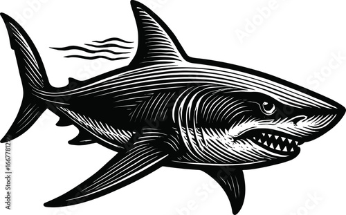 Detailed illustration of a generic sea creature in grayscale swimming with open mouth and visible teeth. The image is created with cross-hatching
