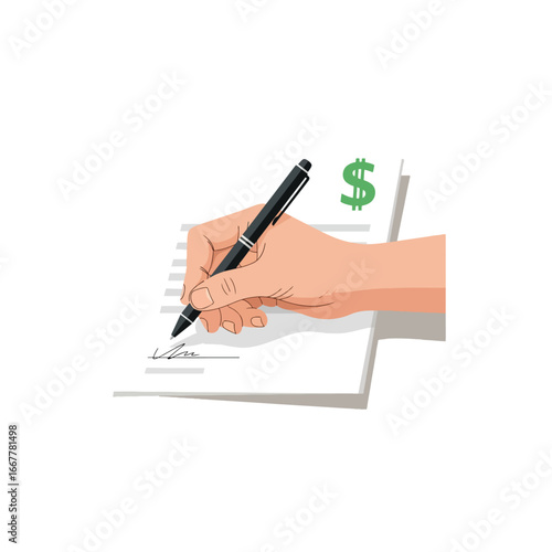 Hand signing a financial document with a pen.
