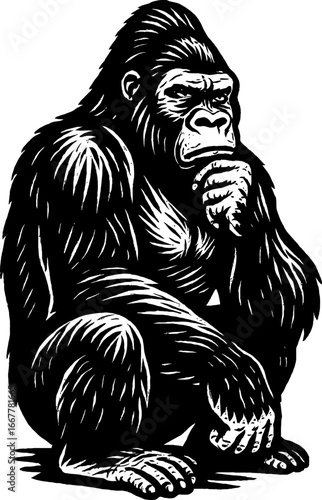 Monochrome illustration of a primate seated with thoughtful expression using cross-hatching technique