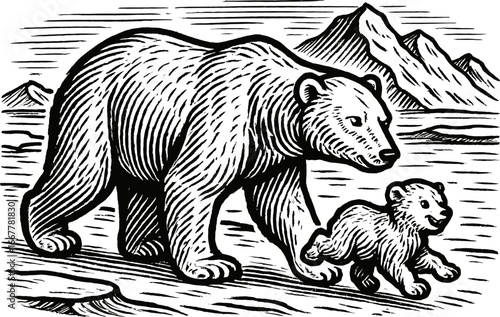 Monochrome illustration of a generic animal and cub walking together near mountains and water. Stylized with crosshatching for texture