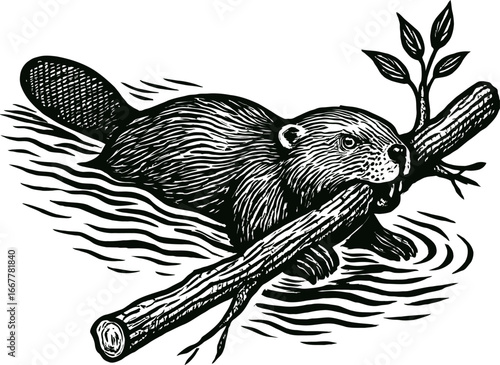 Monochrome illustration of a beaver swimming in water carrying a log and sprig of leaves. Depicts wildlife and nature with a woodcut style