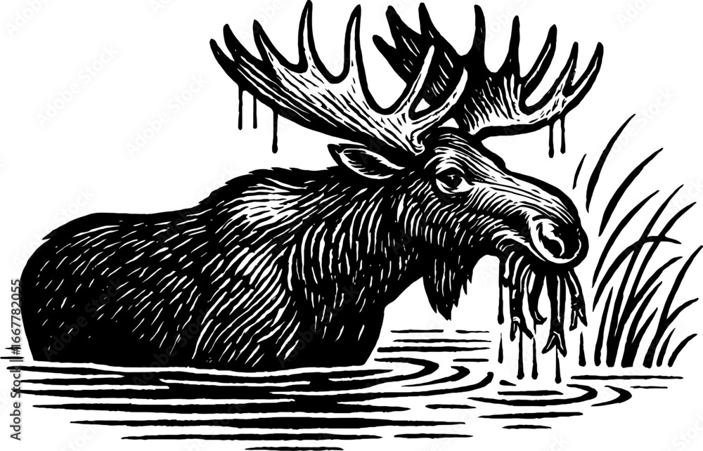 Obraz premium Black and white illustration of a creature standing in water with tall grasses. The creature has large antlers and is partially submerged in the