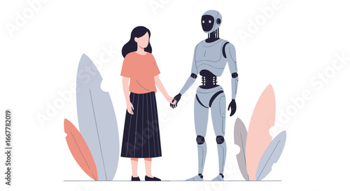 A contemporary woman and a sophisticated humanoid robot are depicted holding hands, representing the evolving partnership and future of human-AI interaction.