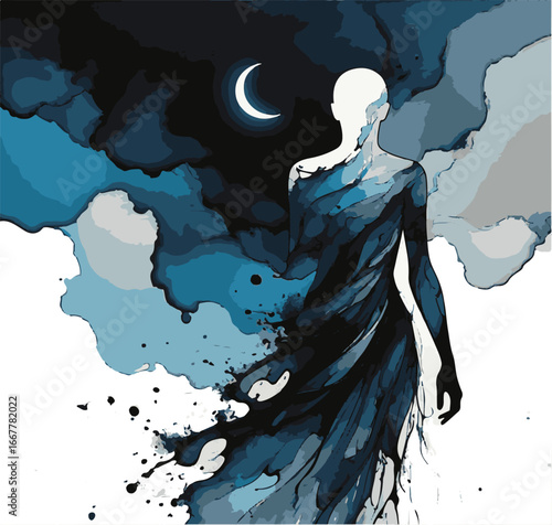 This captures the main visual (woman in blue dress), the artistic style (illustration, sketch, painting), and adds context (dance, fashion) 
