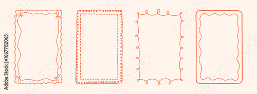 Coquette frames with doodle bows, ribbons. Hand Drawn whimsical line borders for birthday, christmas, wedding Invitations, menu. Vintage minimalist elements template. Trendy isolated Vector illustrati