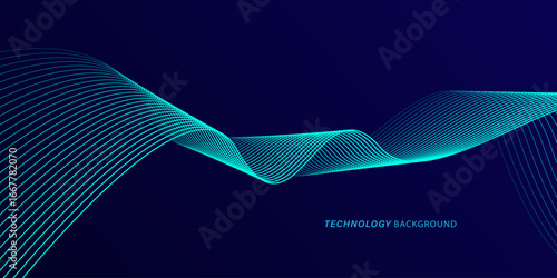 Abstract glowing wave lines on dark blue background. Dynamic wave pattern. Modern flowing wavy lines. Futuristic technology concept. Suit for banner, poster, cover, brochure, flyer, website